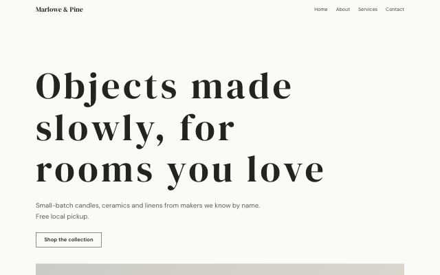 Atelier look — Quiet luxury: high-contrast serif, huge whitespace, square corners, matte photography.
