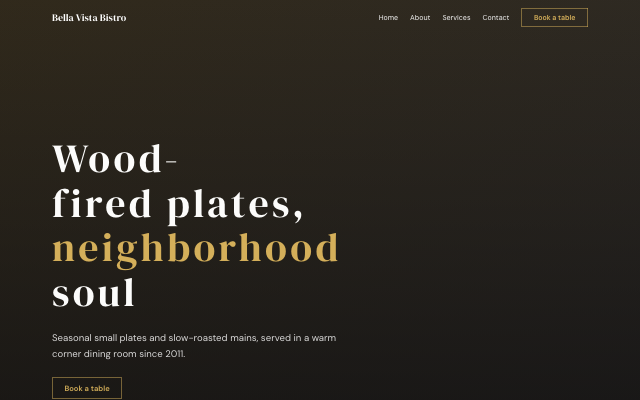 Noir look — After-dark luxury: near-black surfaces, gold and champagne accents, serif type, photo heroes.