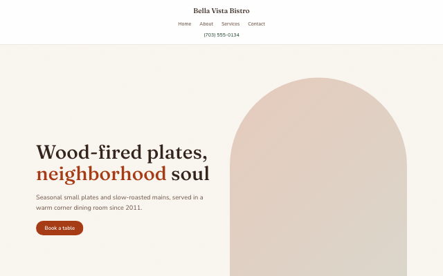Hearth look — Warm and handmade: humanist type, terracotta and olive, grain texture, arched photos.